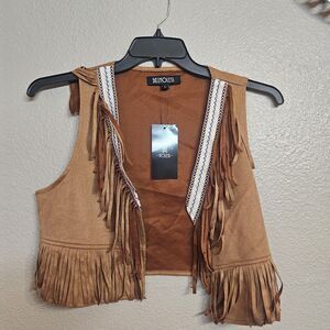 Noless Women’s Faux Suede Fringe Vest Tan Western Boho Open Front Sz Large S380